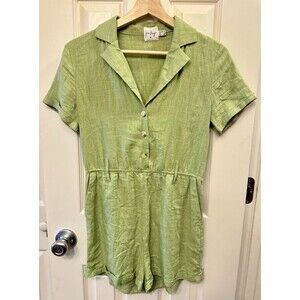 Princess Polly Sage Green Linen Blend Boho Short Sleeve V-Neck Romper Size 4 EUC